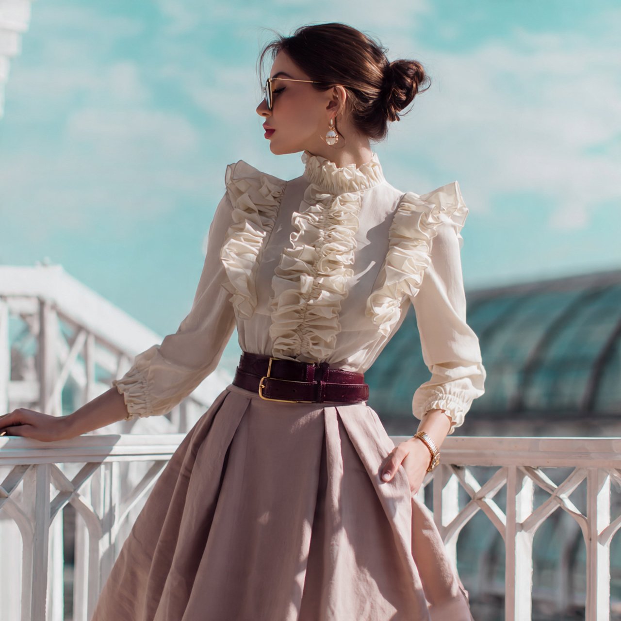 ruffled blouse with soft midi skirt 1