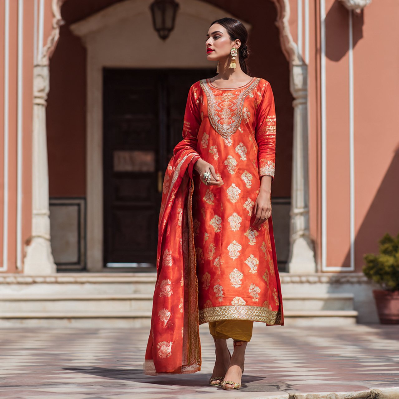 rust banarasi suit wedding guest dress indian styl