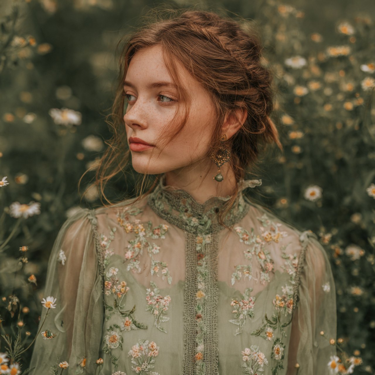 sage green chiffon dress with floral embroidery wi