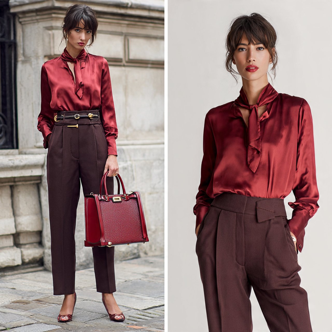 satin blouse tailored trousers structured bag 1