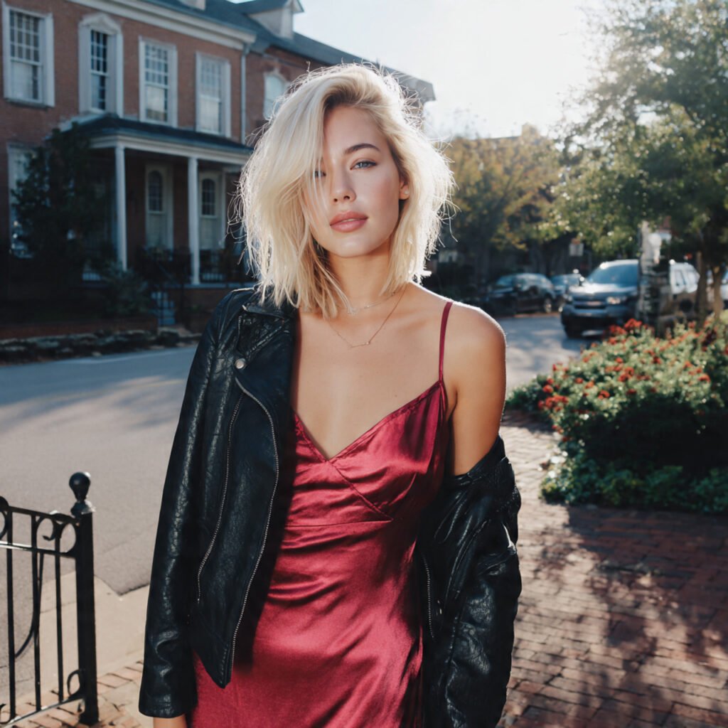 satin slip dress cropped moto jacket