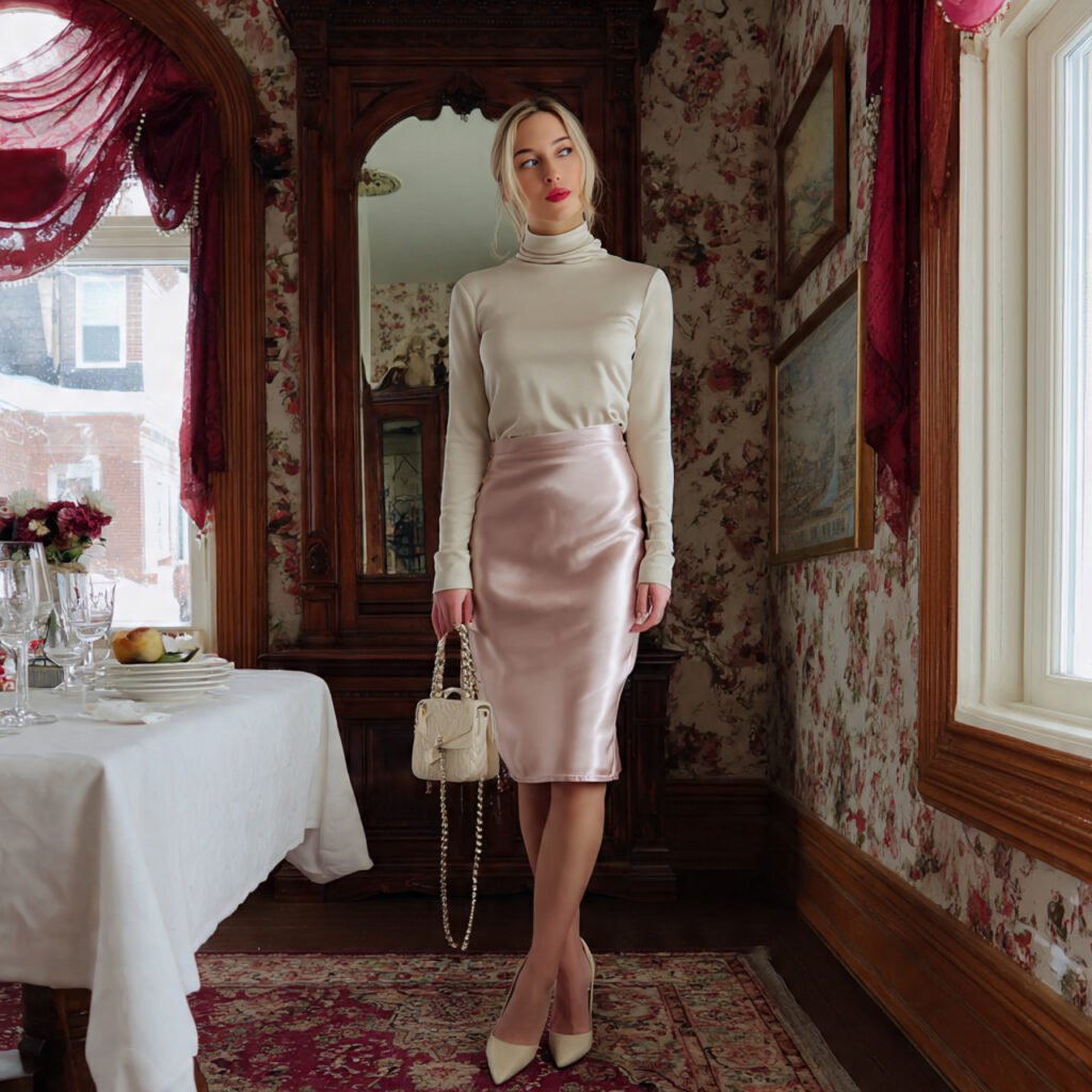 satin slip skirt with fitted turtleneck in