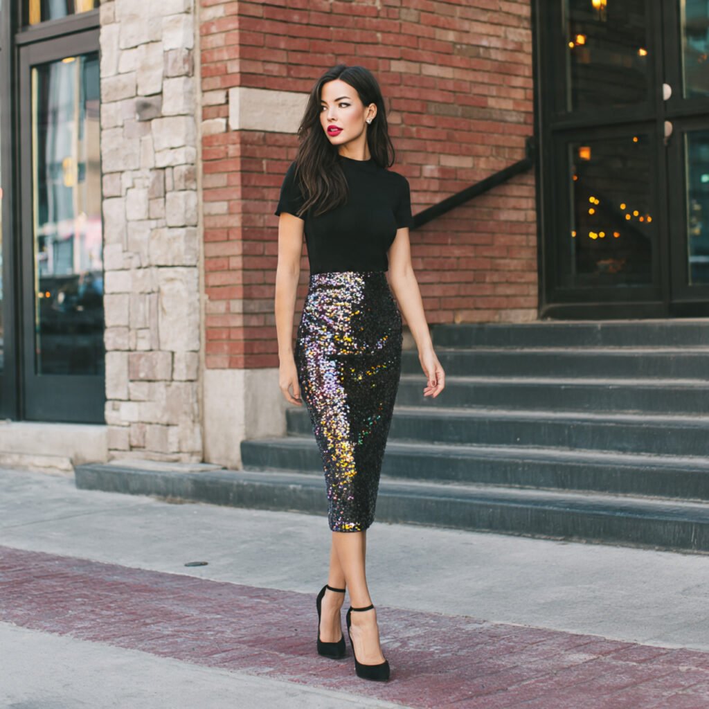 sequin midi skirt fitted tee sharp heels 1