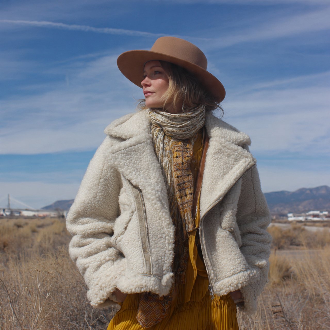 shearling jacket wide brimmed hat