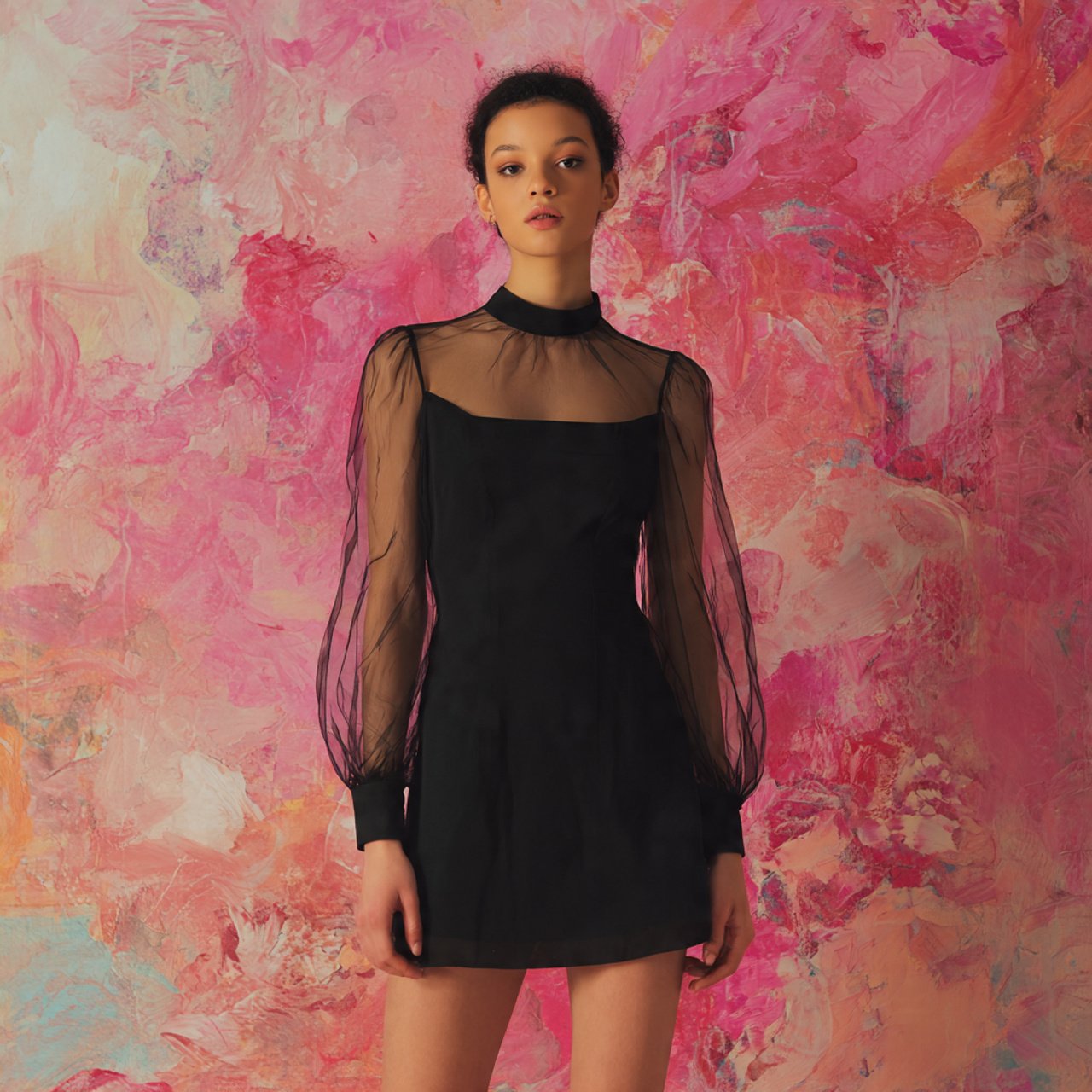 sheer sleeve mini with cuff detail with attractive