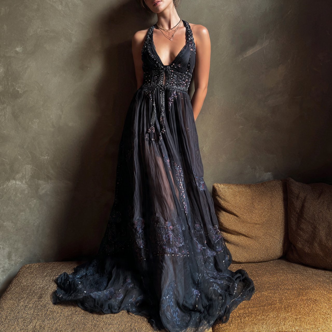 silk chiffon maxi dress with beaded detail with co