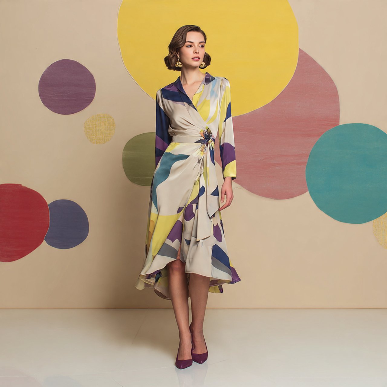 silk wrap dress with midi skirt with cozy backgrou