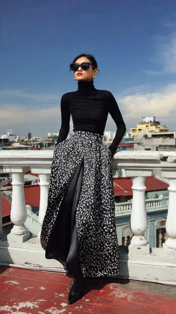 silk satin skirt with fitted turtleneck