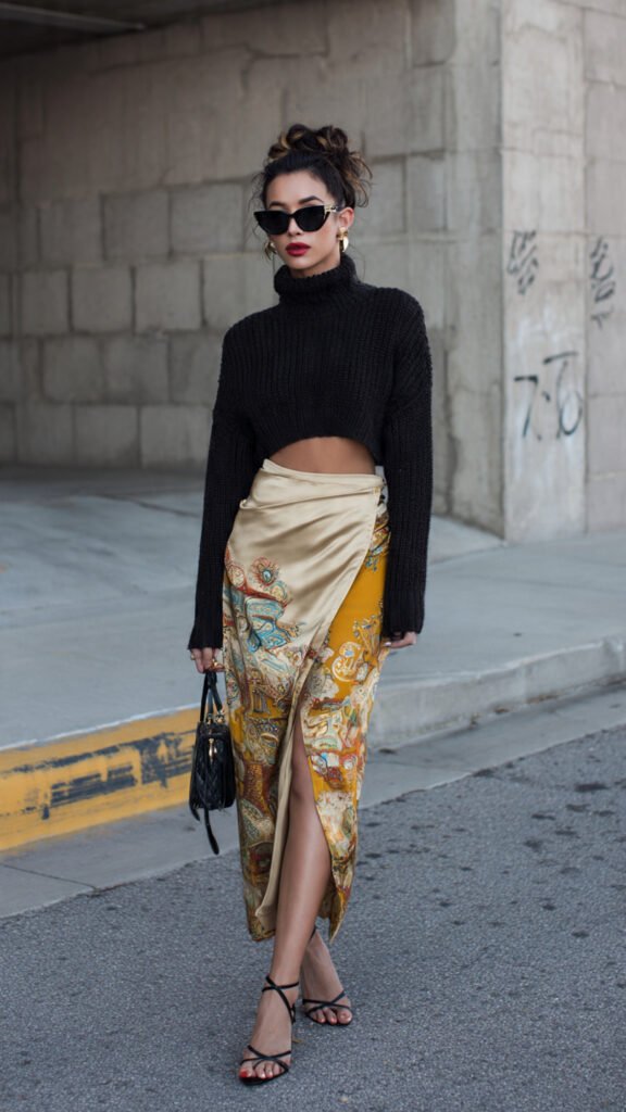 silk slip skirt with cropped sweater