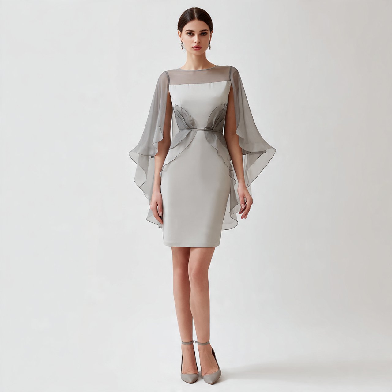 silver gray crepe dress with cape sleeves