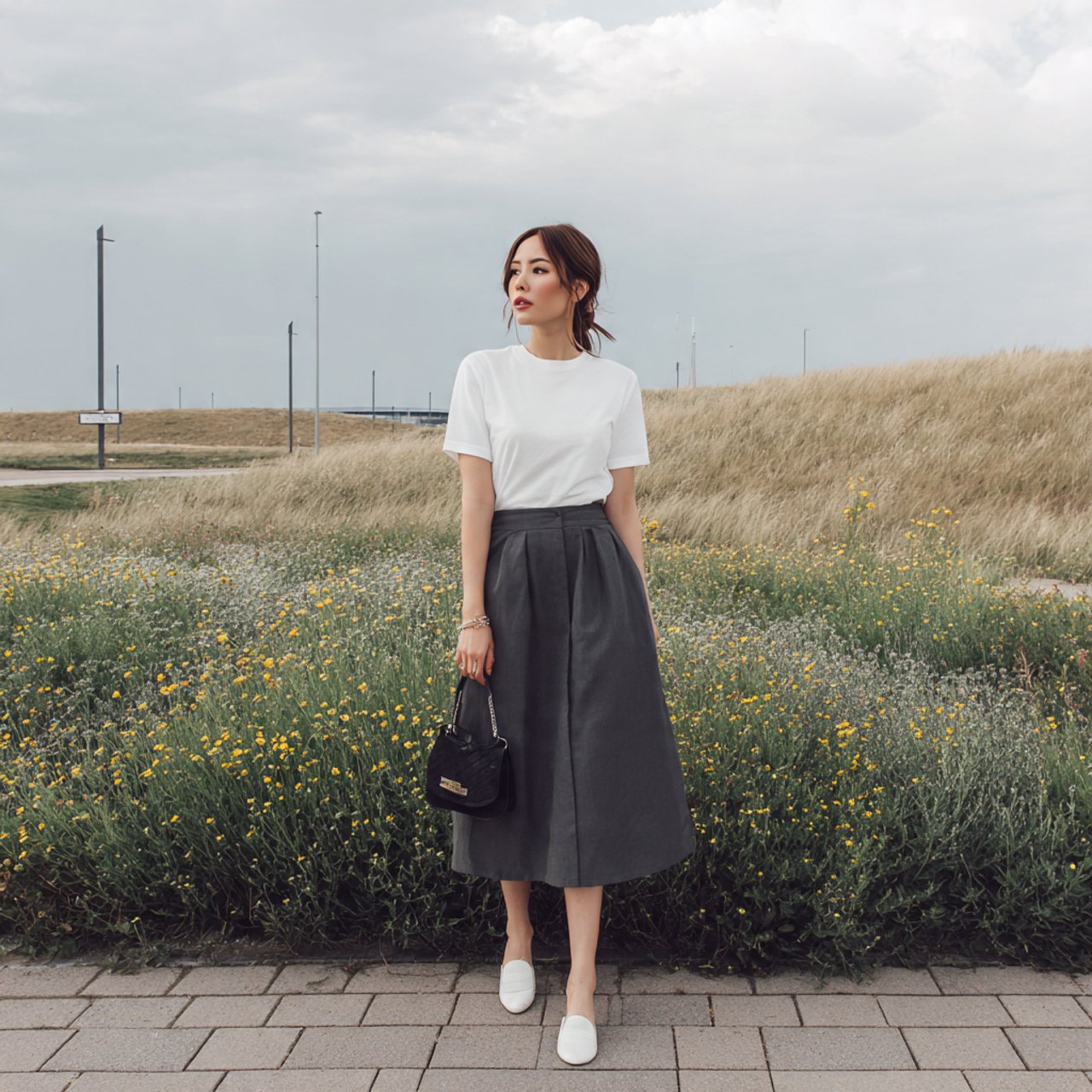 simple white t shirt midi skirt