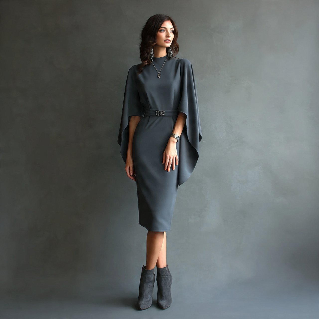 slate gray crepe dress with cape sleeves with cozy
