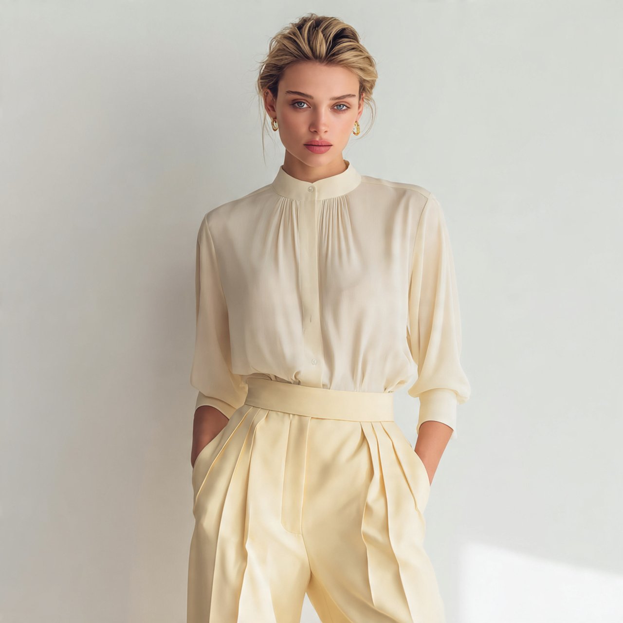 soft blouse with pleated tailored trousers