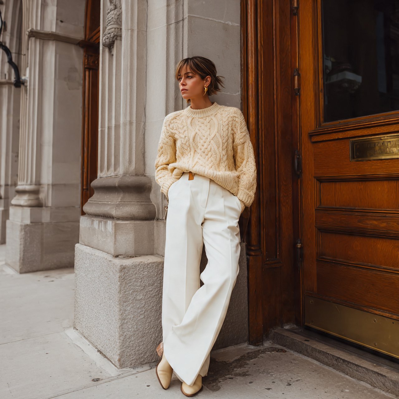 soft knit sweater wide legged trousers
