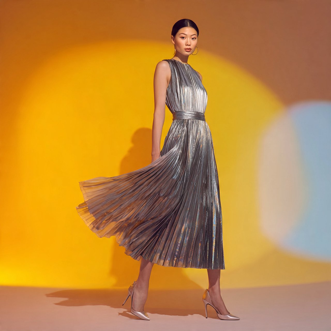 soft metallic pleated midaxi with cozy background