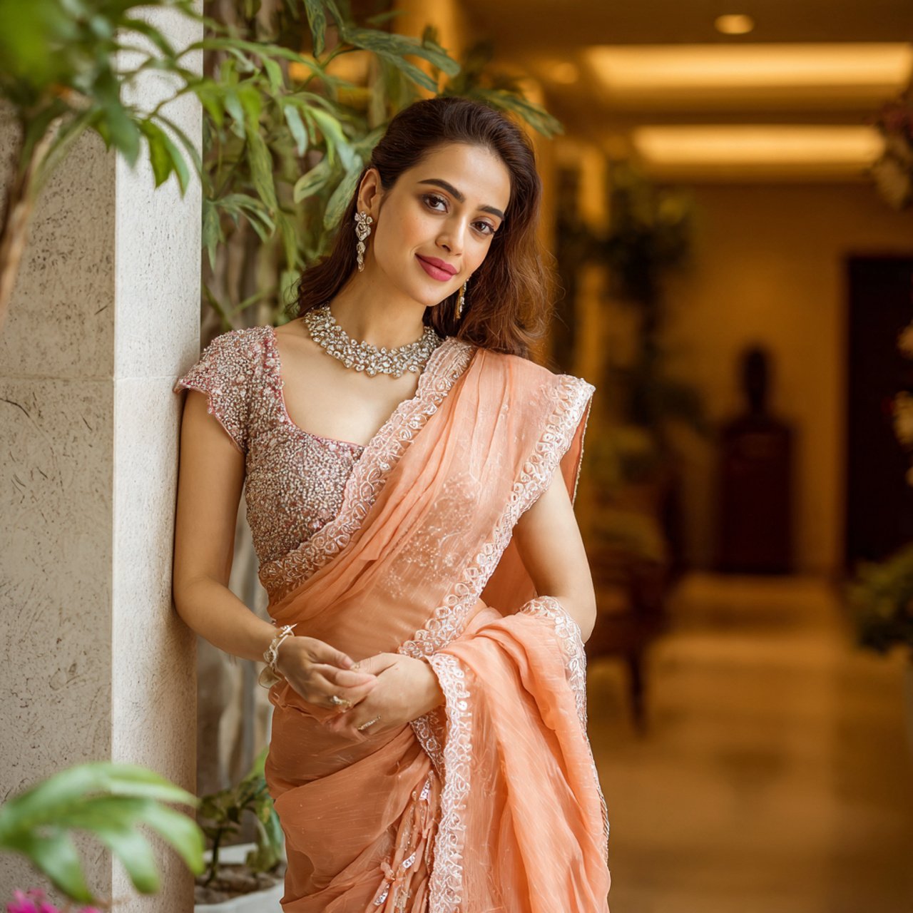 soft peach saree wedding guest dress indian style