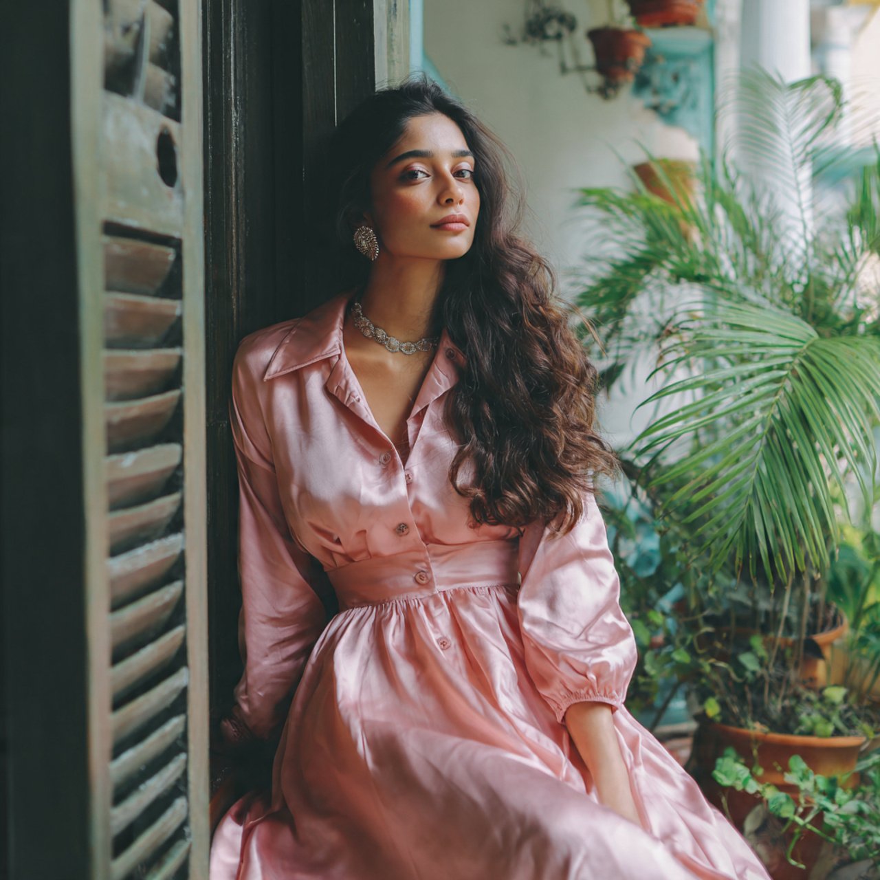 soft pink silk midi dress in beautiful background