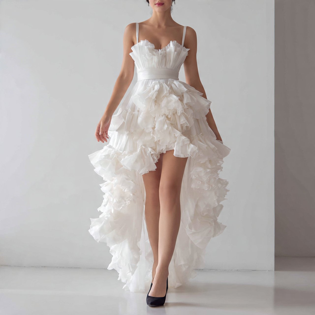 soft ruffle high low dress with controlled volume