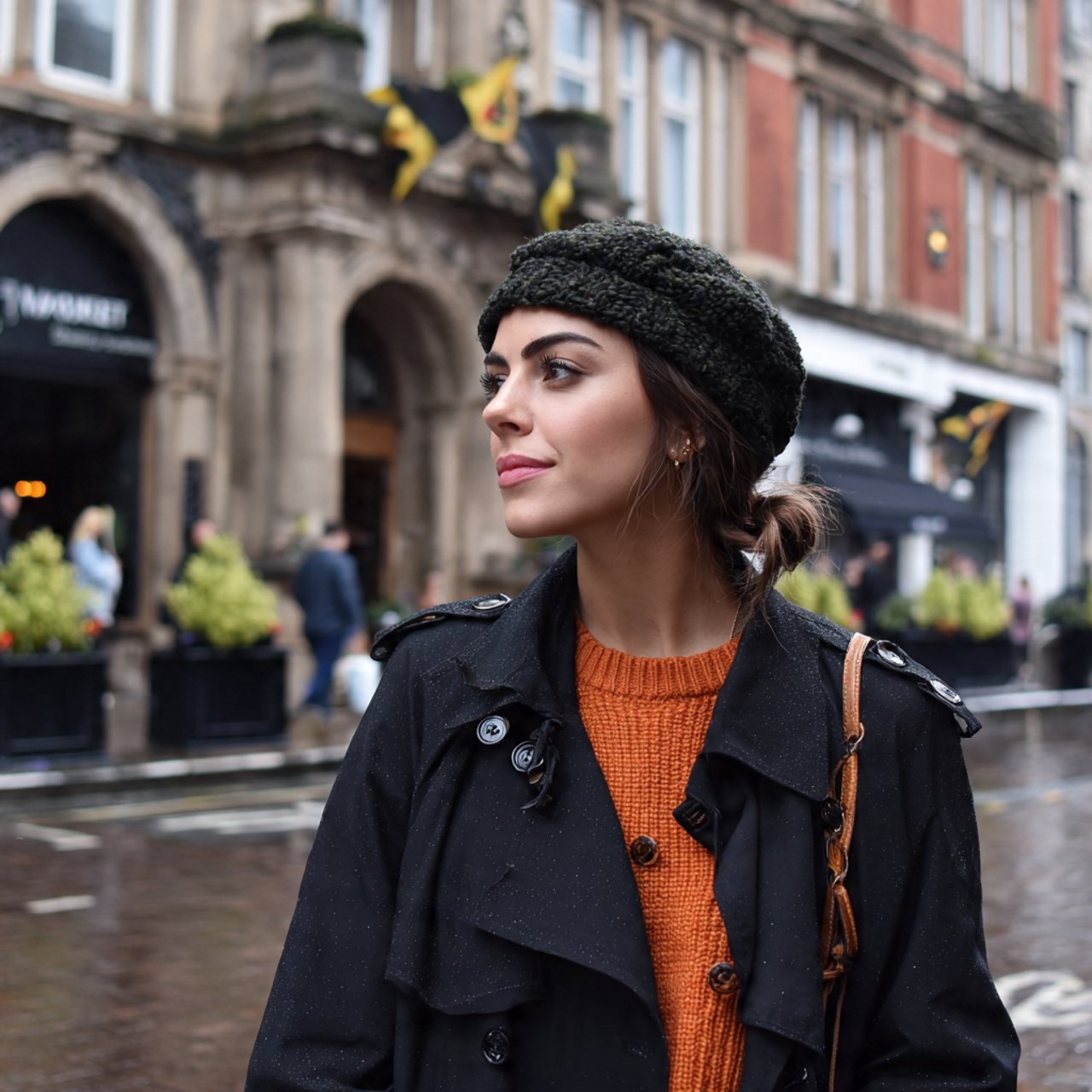 statement trench coat knit beanie