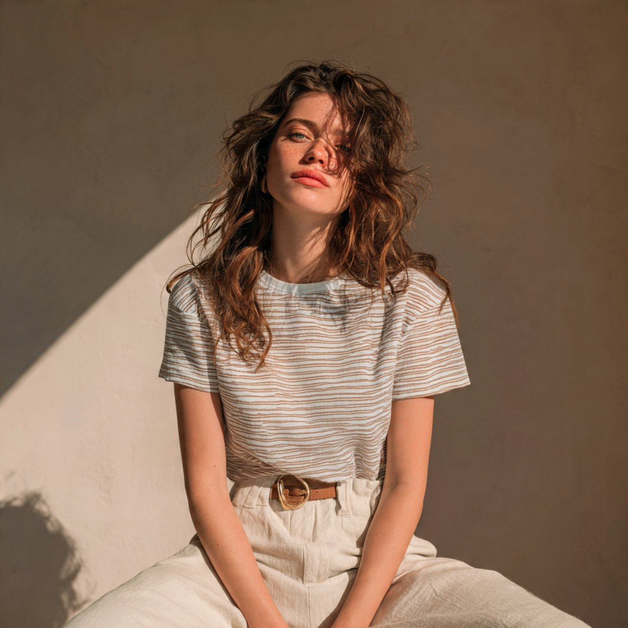 striped t shirt linen pants wearing a woman with c