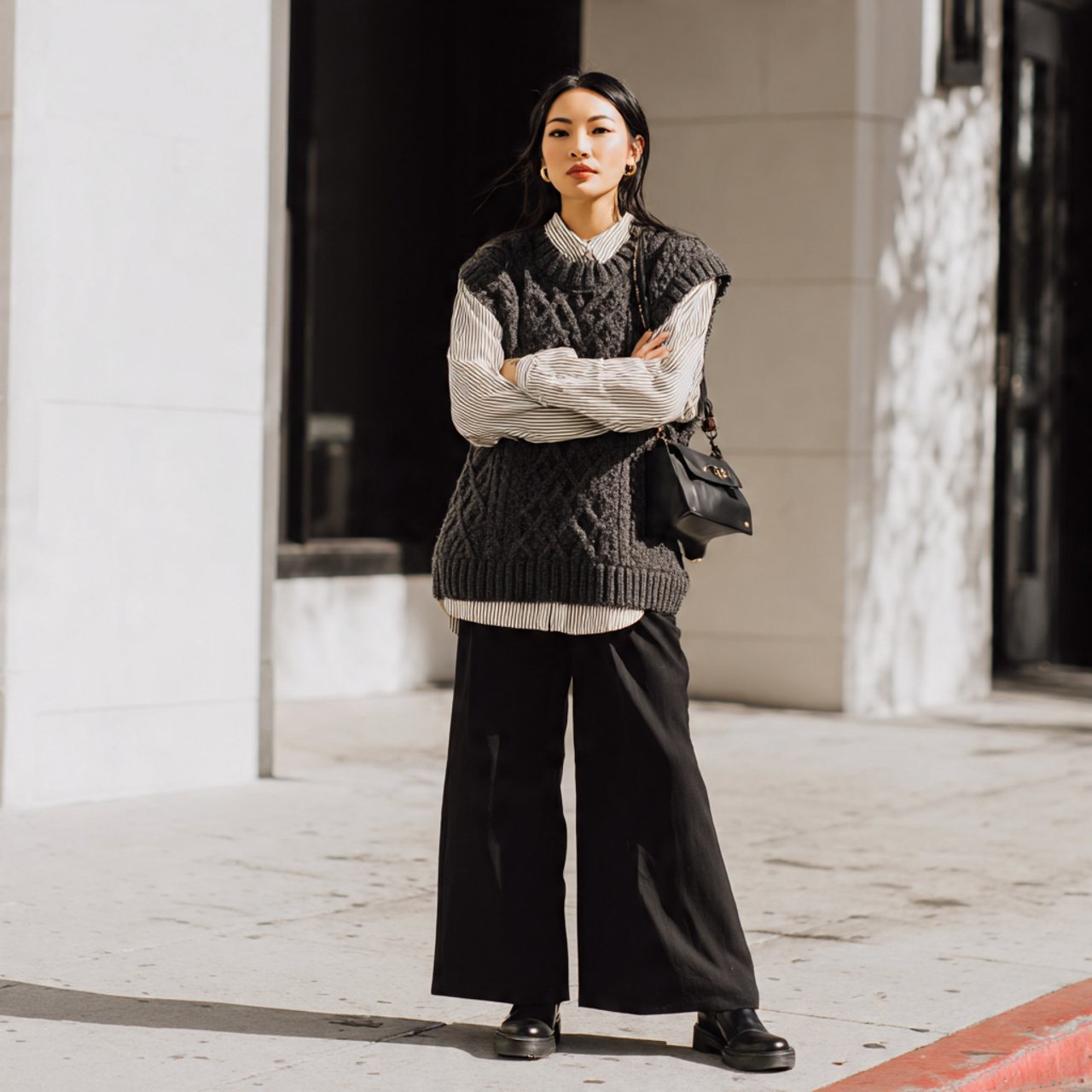 sweater vest button down wide leg trousers