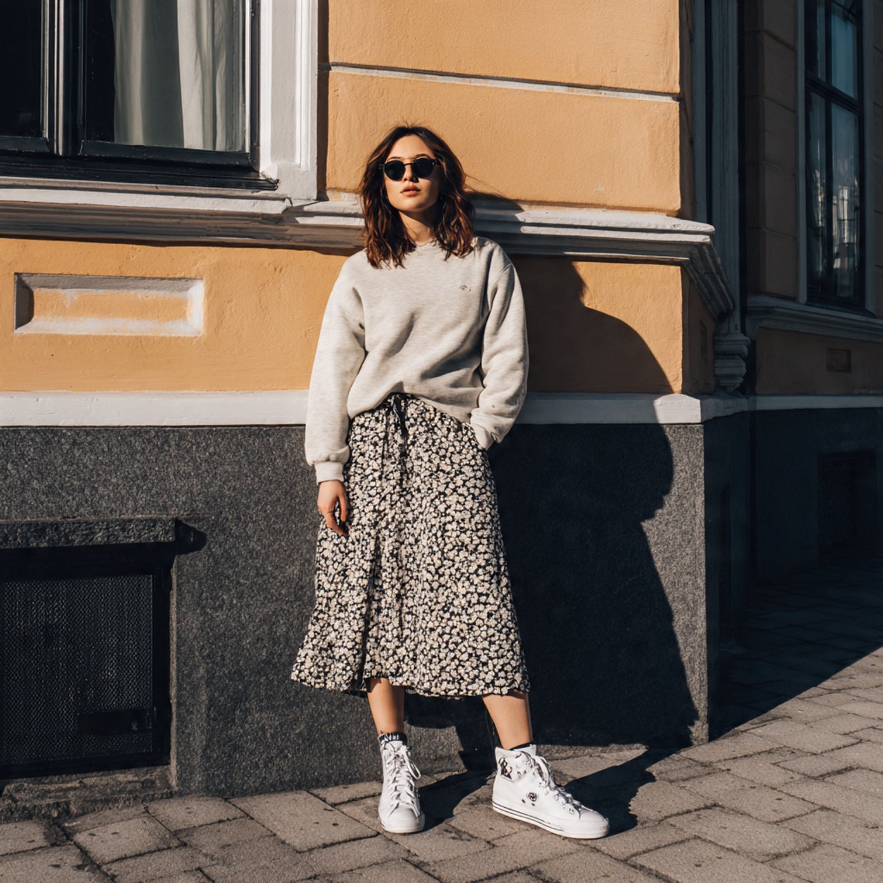sweatshirt flowy midi skirt high top sneakers