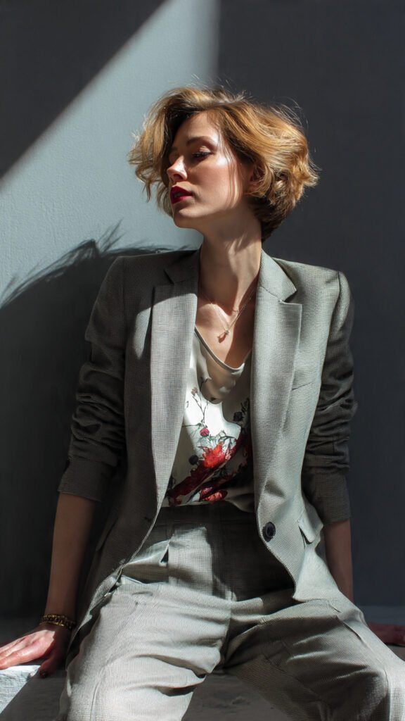 tailored blazer over silk camisole and trousers