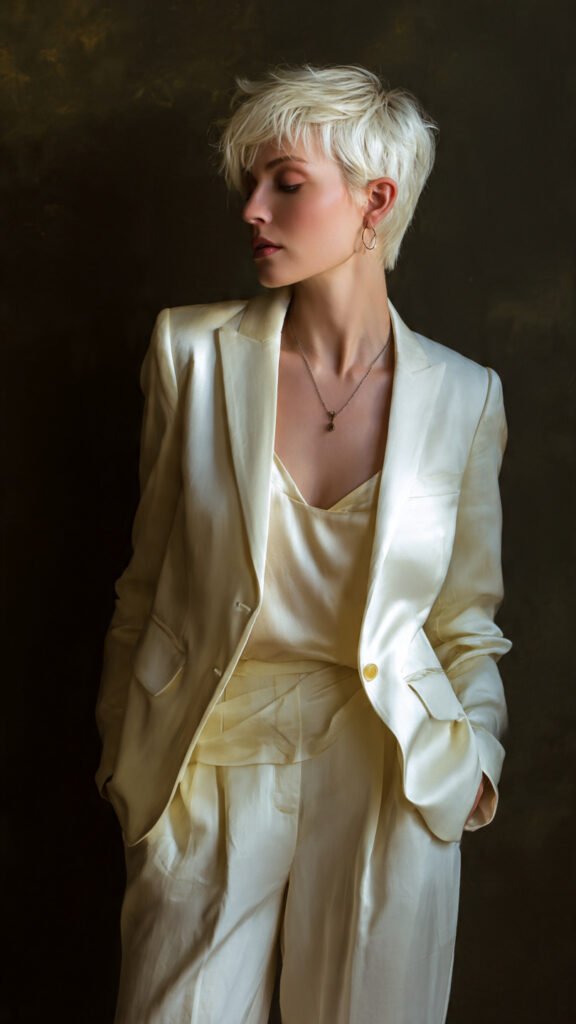tailored blazer with silk camisole and trousers