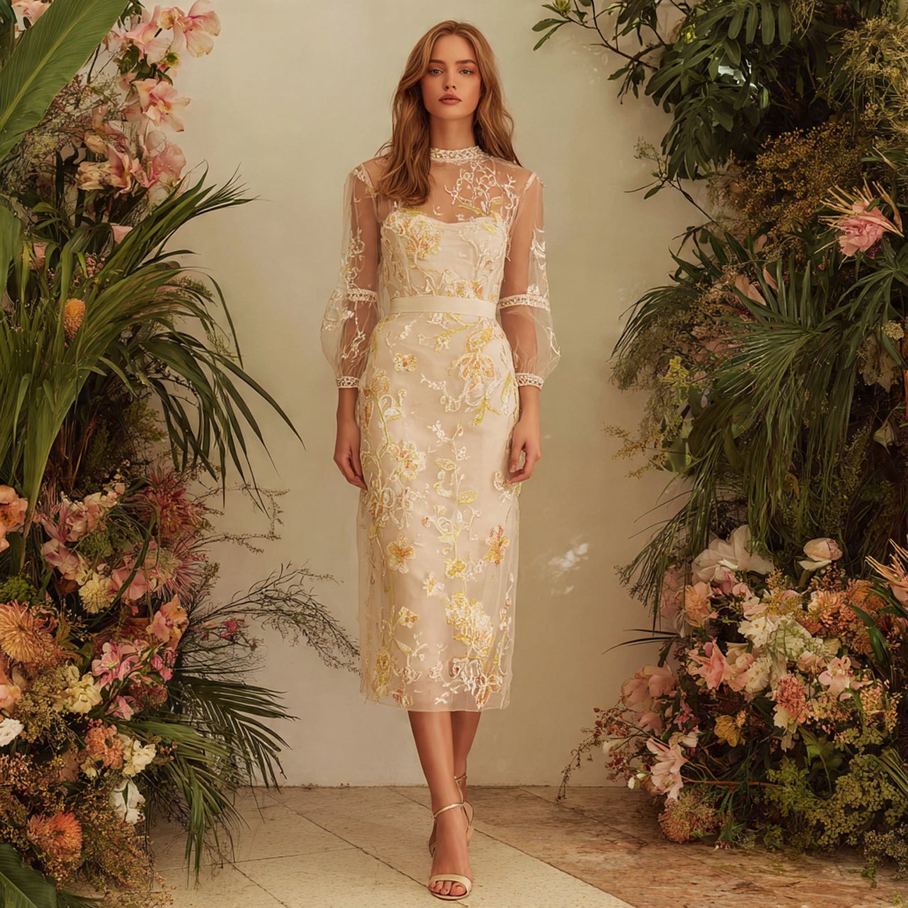 taupe embroidered organza midi dress with wedding