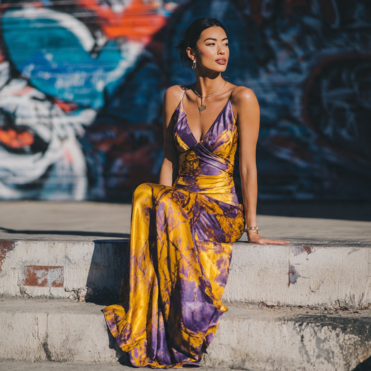 the liquid satin bias maxi with street style backg