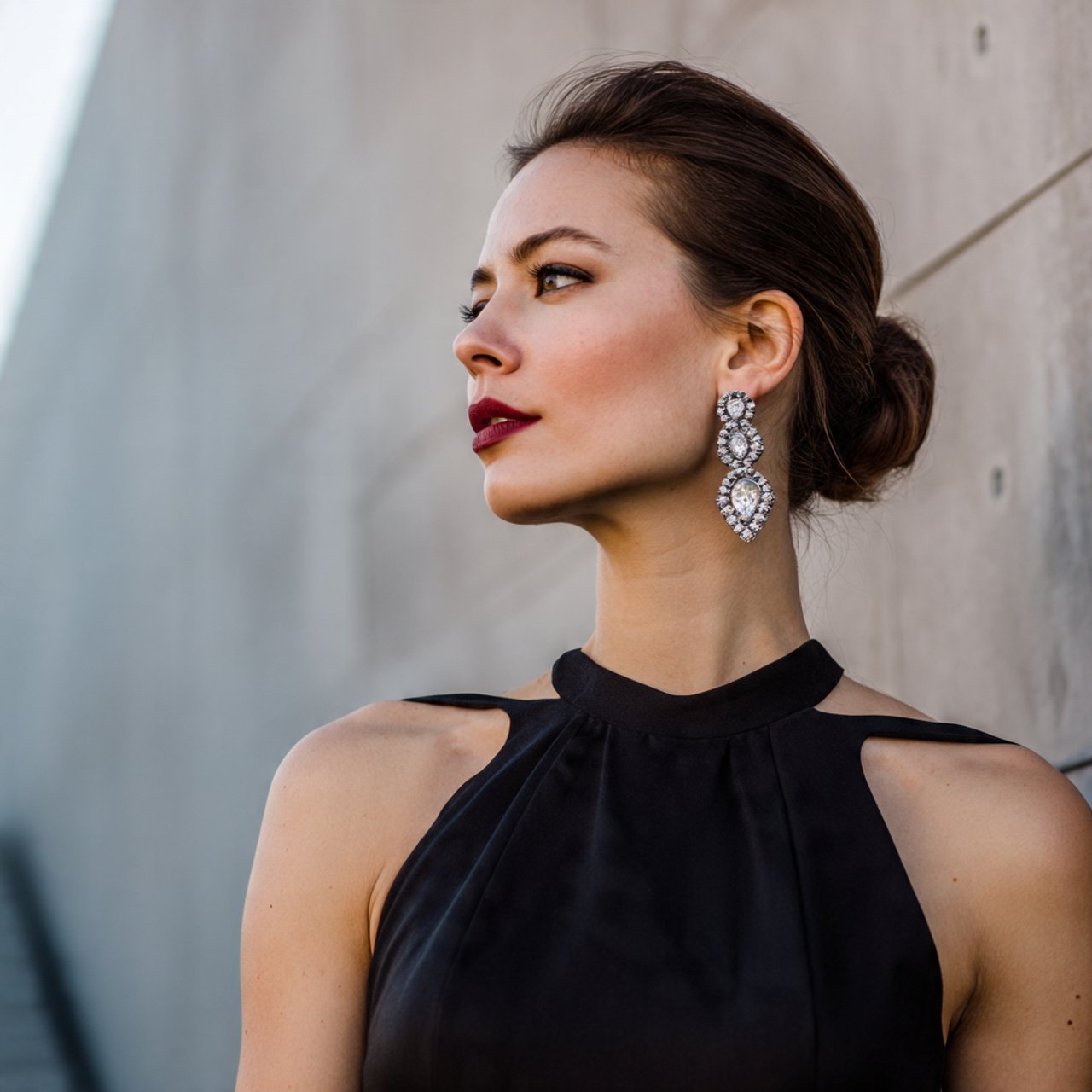 the minimal gown with bold earrings