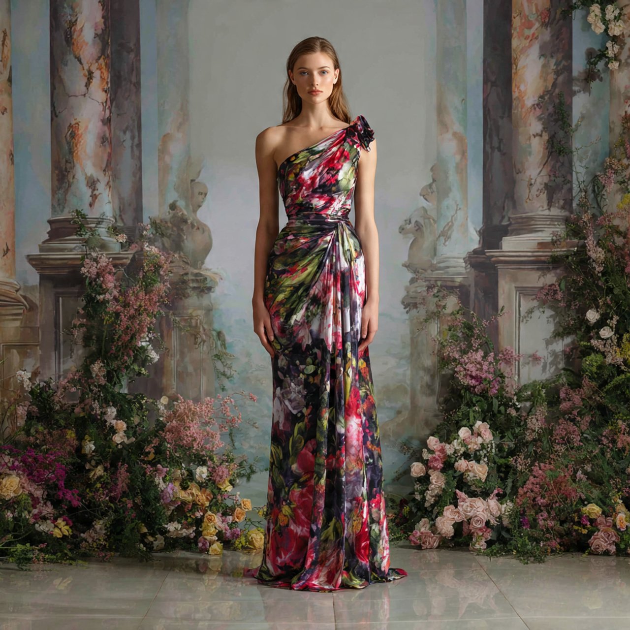 the one shoulder draped gown with wedding backgrou