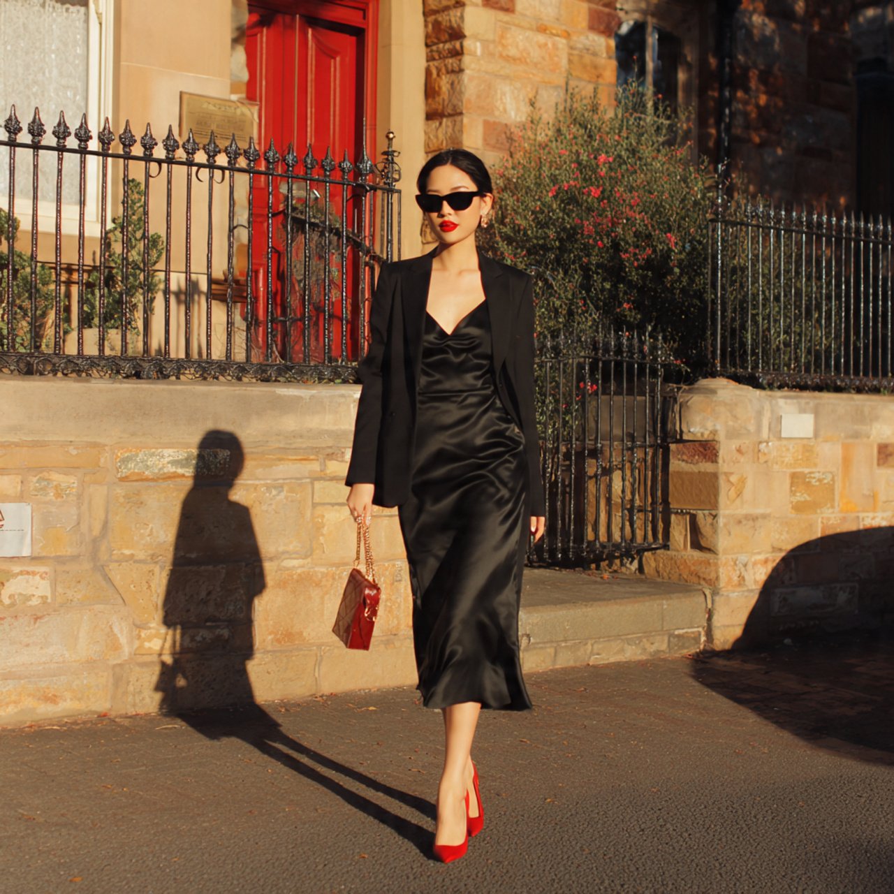 the satin midi with sharp blazer