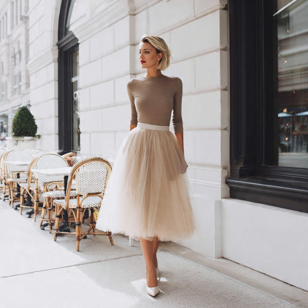 tulle midi skirt fitted top clean pumps 1