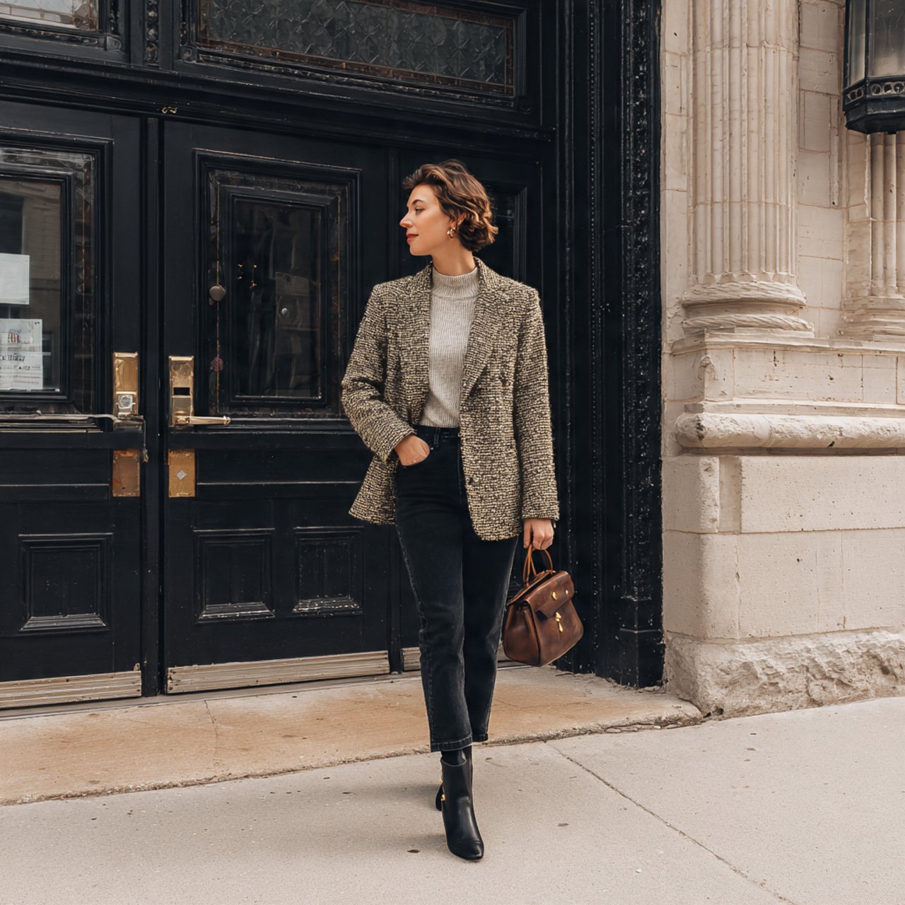 tweed jacket clean black denim ankle boots