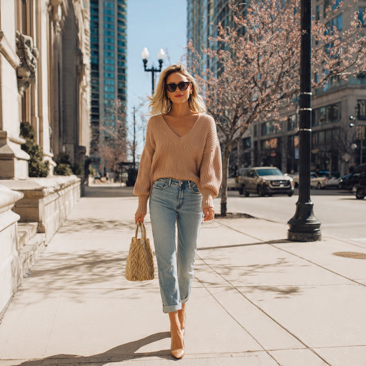 v neck sweater straight leg jeans