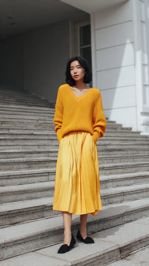 v neck sweater with pleated skirt