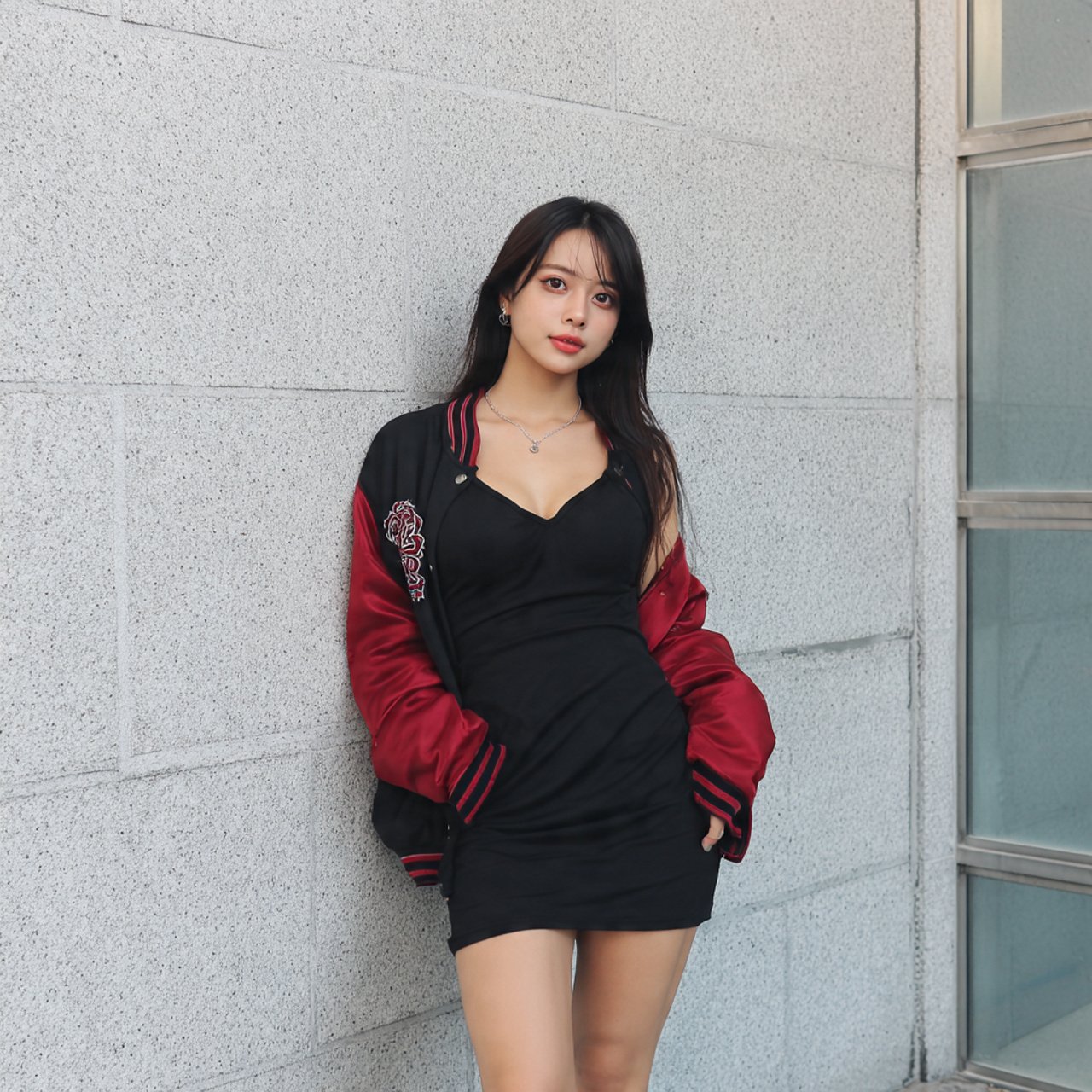 varsity jacket fitted mini dress