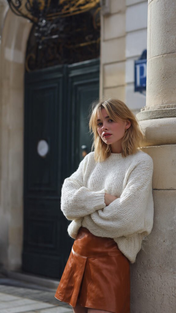 warm woolen sweater with leather skirt