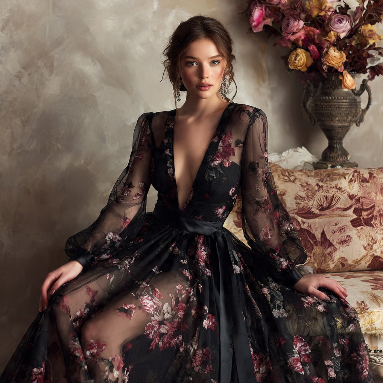 wedding guest dress elegant with black floral orga 1