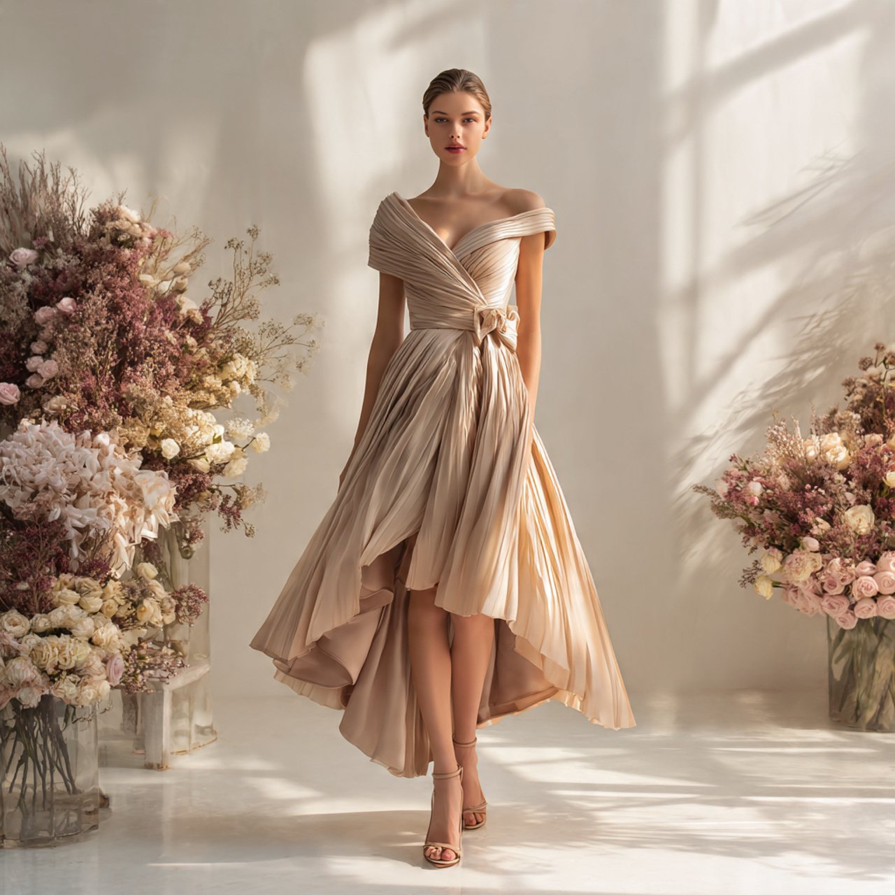 wedding guest dress elegant with champagne pleats
