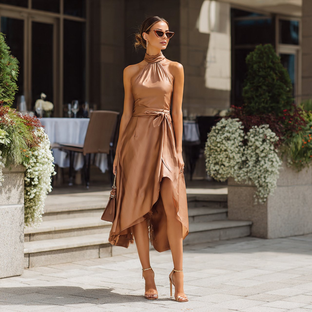 wedding guest dress elegant with mocha brown minim