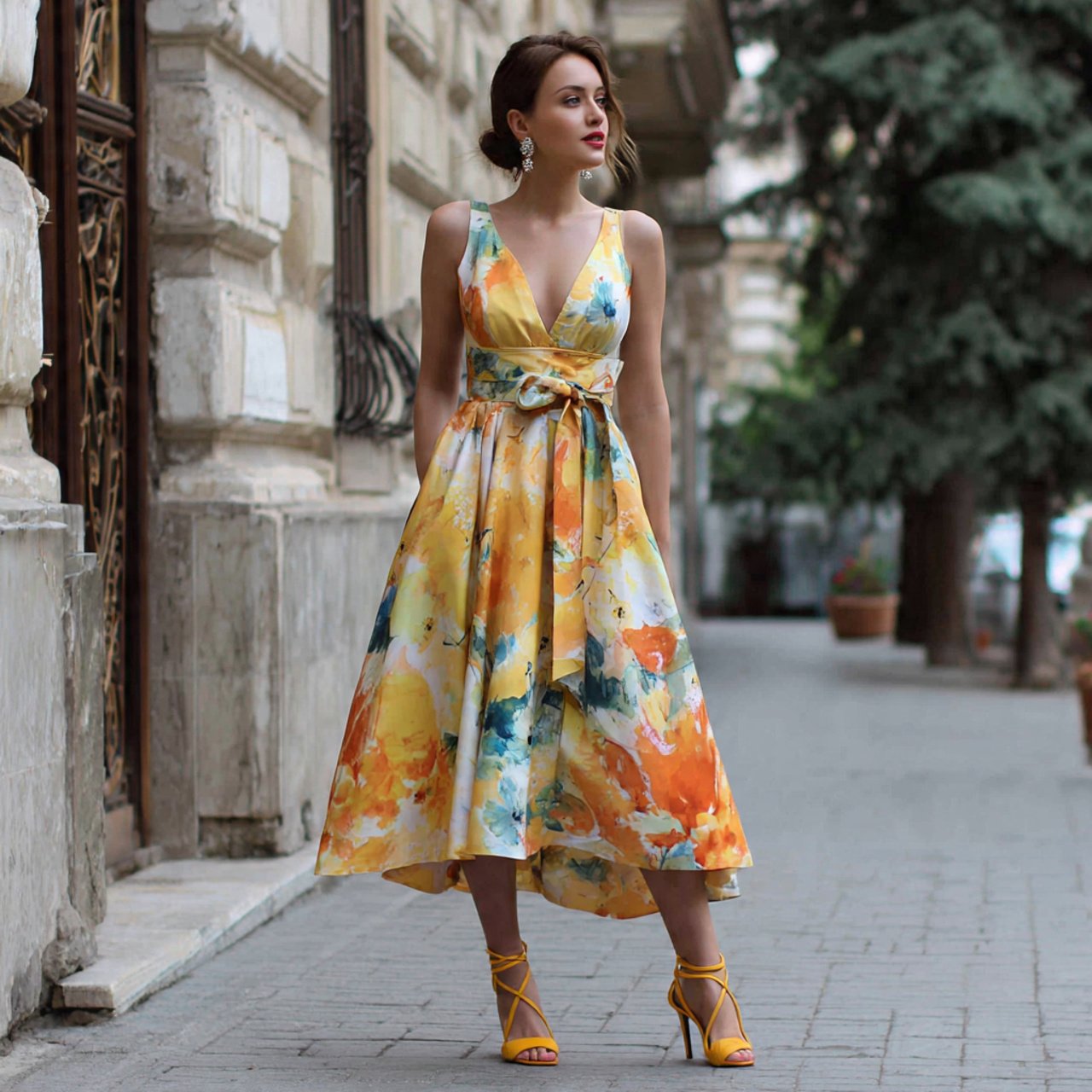 wedding guest dress elegant with printed watercolo