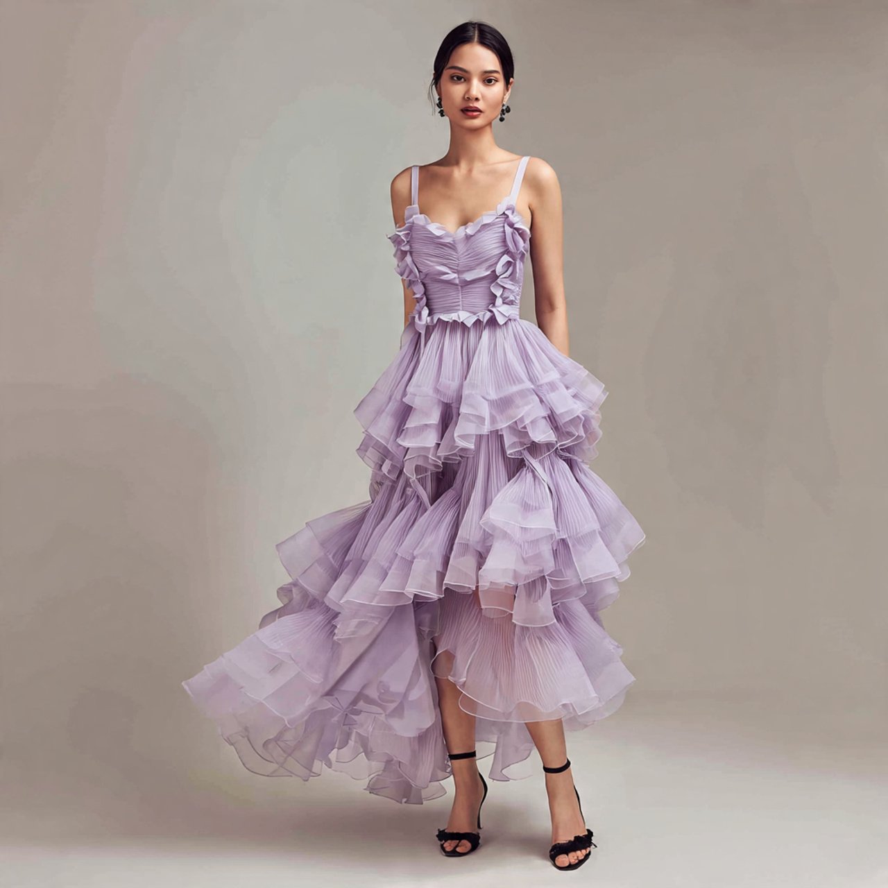 wedding guest dress elegant with tiered soft lilac