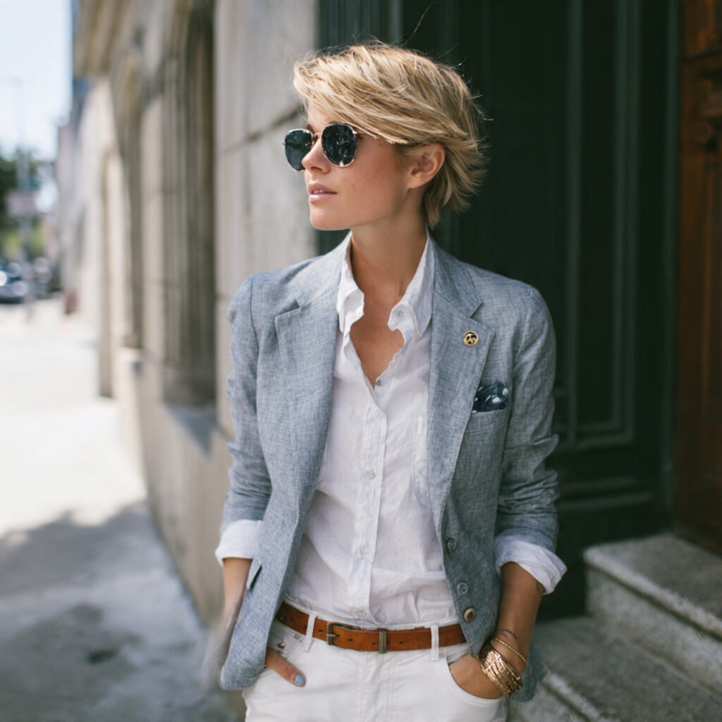 white button down light denim sharp blazer for wom 1