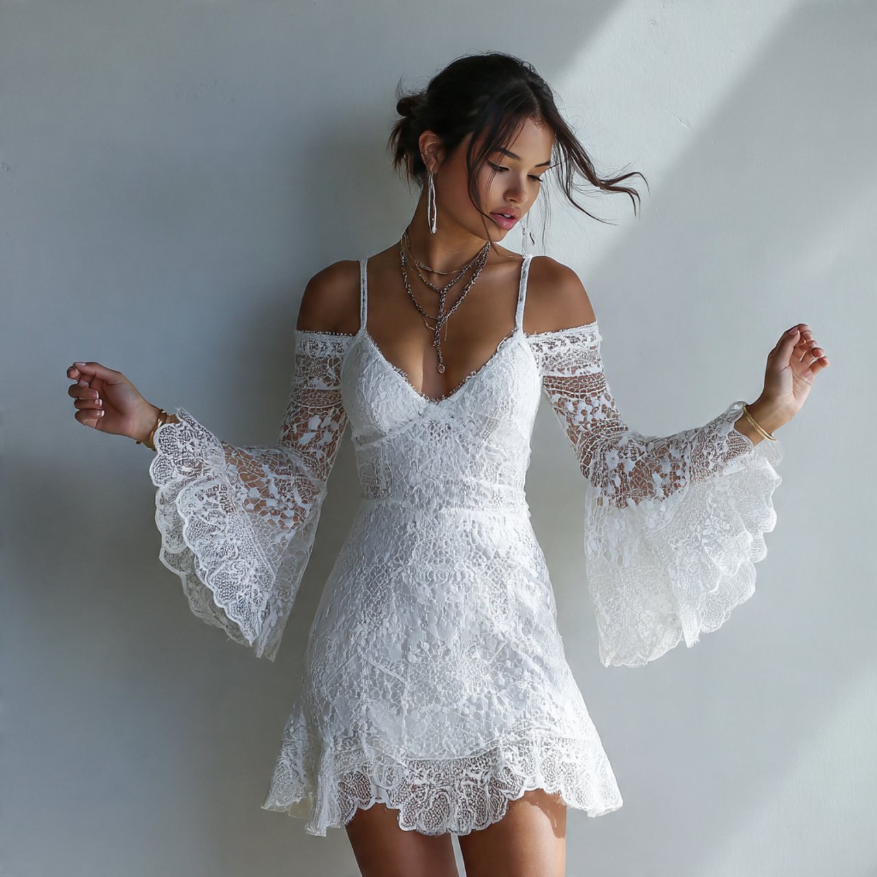 white lace boho dress with bell sleeves