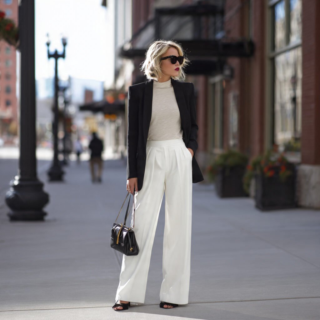 white wide leg pants neutral top blazerblack blaze 1