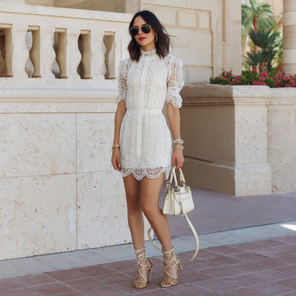 white lace dress with heeled sandals