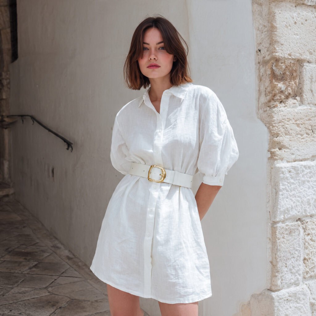 white linen shirt dress