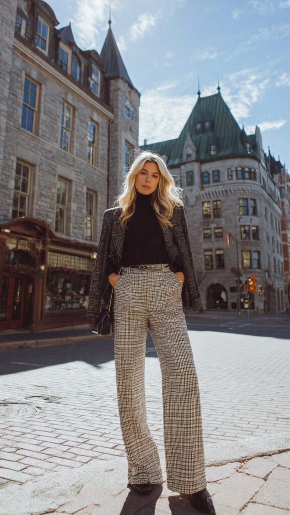 wide legged pants with turtleneck and blazer